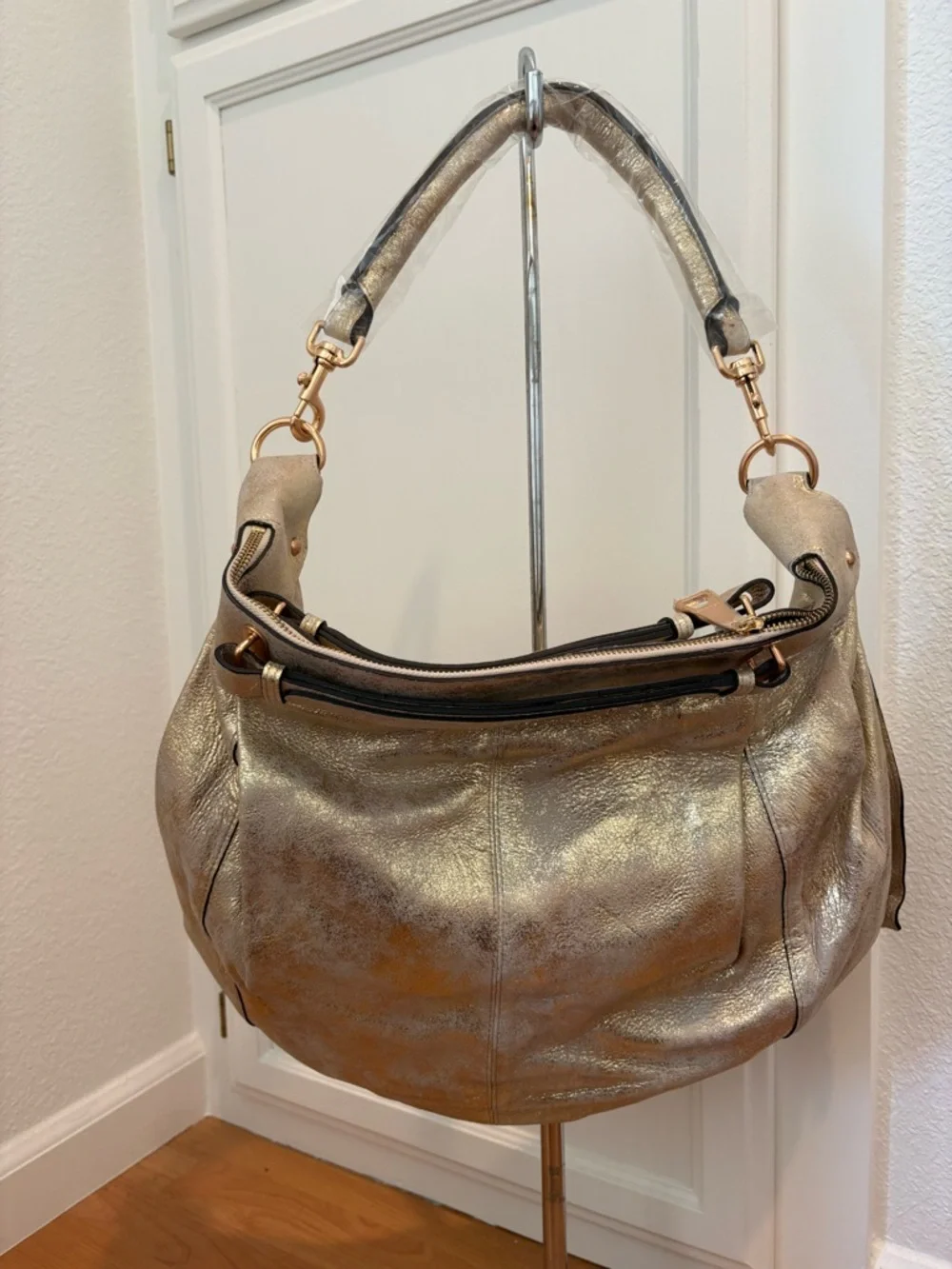 Metallic Gold Leather Hobo Shoulder Bag